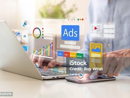 Digital marketing concept, Businessman using laptop with Ads dashboard digital marketing strategy analysis for branding. online advertisement, ad on website and social media. SEO. SMM.