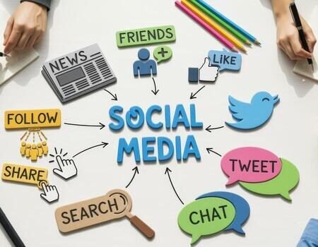 overhead-shot-of-social-media-strategy-meeting-with-graphics-and-team-collaboration-for-marketing-photo